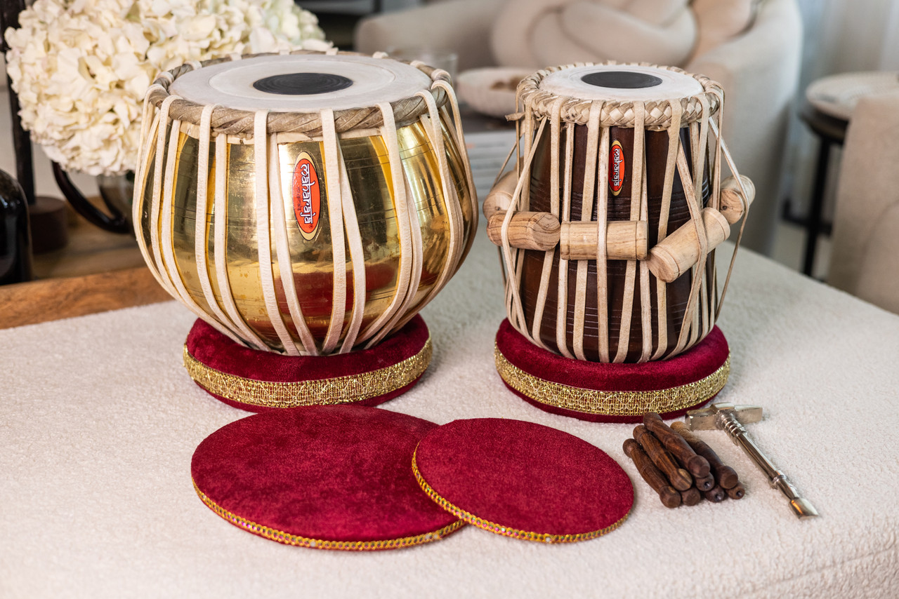 MAHARAJA Golden Tabla Set, 3 Kg Brass Bayan, Finest Dayan, Hammer - CH MAHARAJA Golden Tabla Set, 3 Kg Brass Bayan, Finest Dayan, Hammer - CH